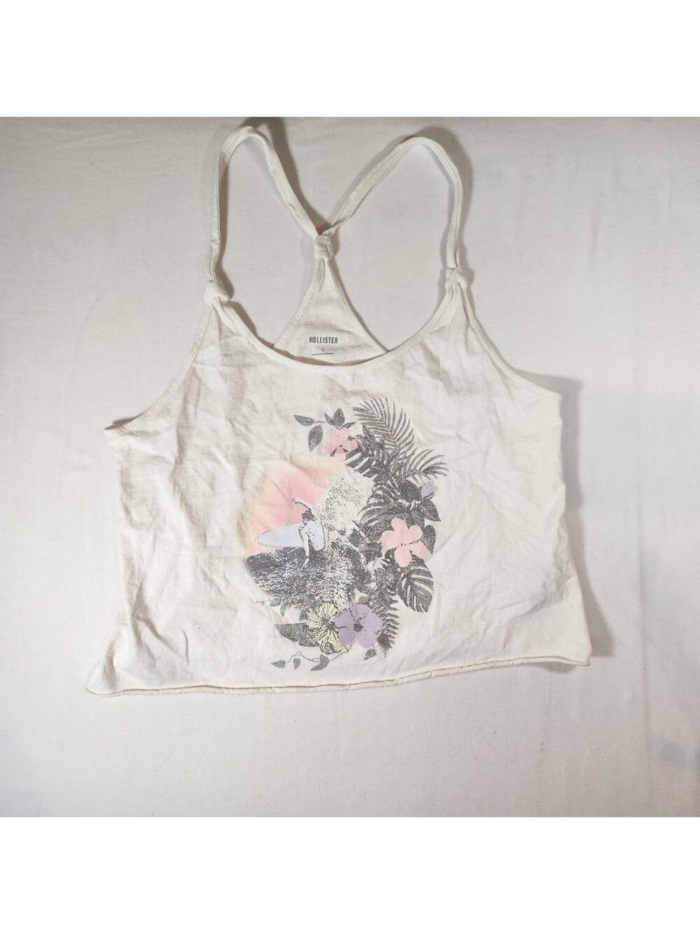 Hollister Womens‎ White Tropical Surfer Graphic Racerback Tank Top Size L